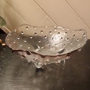 Vintage Slight Purple Tint Bubble Glass Bowl: Three-Legged Art Glass Centerpiece